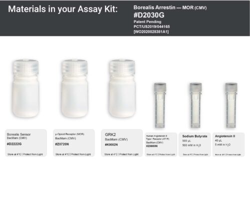Image showing kit materials for a fluorescent arrestin MOR assay